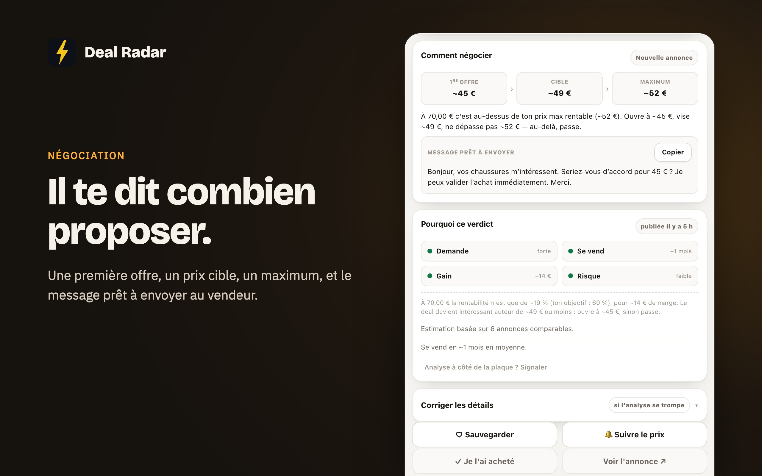 Négociation : première offre, prix cible, maximum et message prêt à envoyer