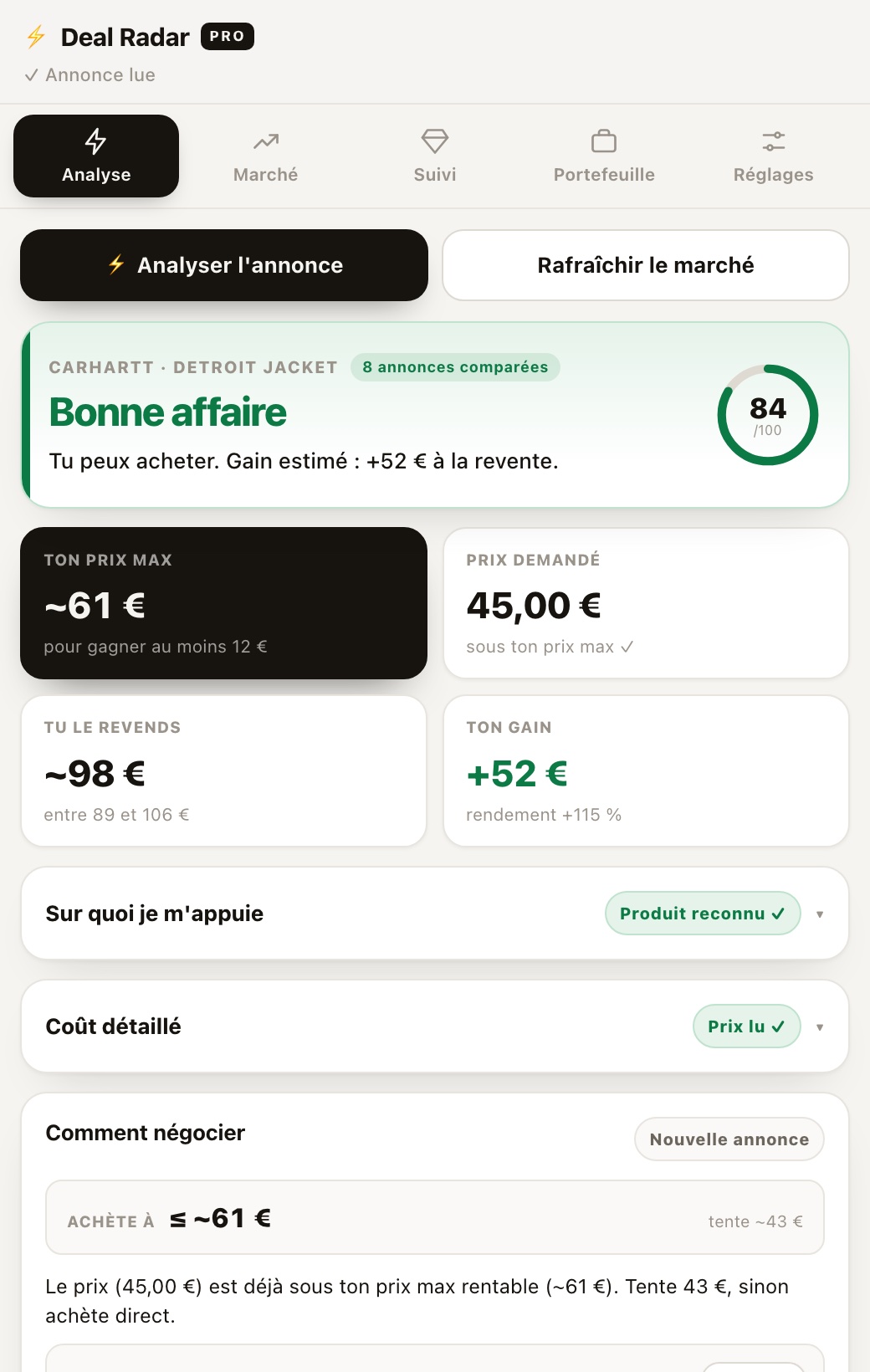 Panneau Deal Radar : verdict « Bonne affaire », prix max, revente estimée et gain