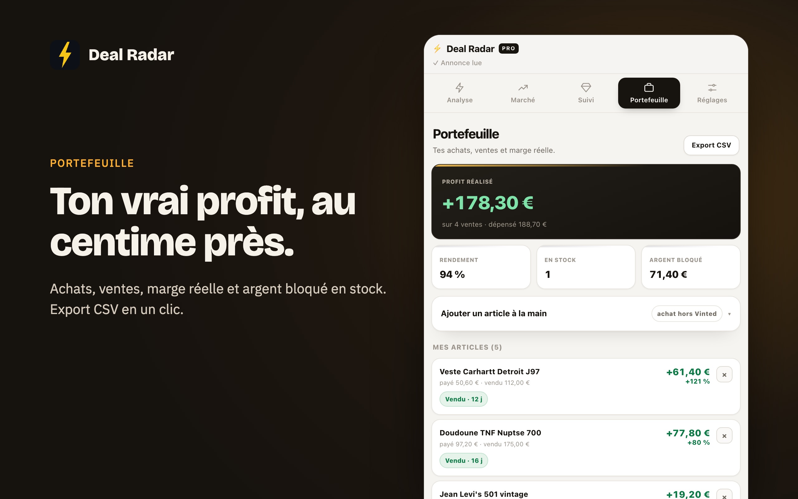 Onglet Portefeuille : achats, ventes et marge